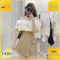 [HÀNG THIẾT KẾ FORM CHUẨN] Set Trễ Vai Áo Trắng Mix Chân Váy Kaki HH3