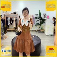[HÀNG THIẾT KẾ FORM CHUẨN] Váy Nâu Cổ Hoa Thêu, Đầm Nữ Dáng Đuôi Cá Cổ Phối Thêu Hoa HH3