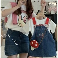 [Hàng thiết kế] Set áo thun mẹ bé kèm váy/ yếm thêu hoa, dáng áo dài rộng