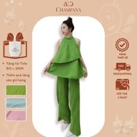 Hàng Thiết kế set đồ quần ống suông cổ yếm thun gân quần dài người giấu bụng