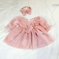 [HÀNG THIẾT KẾ] - Váy Xòe Tơ Vân Ánh Nhũ Hồng Pastel Kèm Băng Đô Cho Bé
