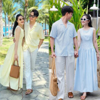 Hàng tk cao cấp- Set đồ đôi_ áo váy sơ mi cặp đôi sọc caro vàng siêu xinh