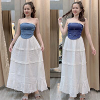 Hàng vnxk-Set áo cup nơ demin  và chân váy vintage  trắng::275k