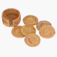 [Hàng xuất khẩu] Set 6 Tấm lót ly bằng mây hình tròn, đường kính 10cm, có đế đựng