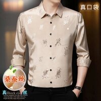 Hangzhou Silk Satin Men's Long-Sleeved Shirt Thin Mulberry Silk Rose Jacquard Dark Flower Shirt Men's Summer POzg