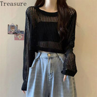 ✨Hành Trình✨Áo dệt kim khoét lỗ dài tay 2025 áo cánh Chống Nắng Phối bên ngoài đầu thu phong cách Tây mẫu ngắn hot girl thon gọn rộng rãi cho nữ áo