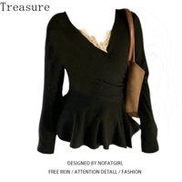 ✨Hành Trình✨Áo phông dài tay phối ren tôn dáng cho người mập cỡ lớn màu đen áo mặc trong tôn dáng thon gọn bo eo mẫu mới nữ