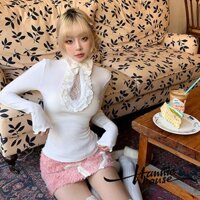 Hannie House- Nữ Ren Viền Nơ Mock Cổ Dài Tay Áo Thun