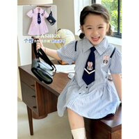 Hansun Caterpillar Girl Dress 2024 Mùa Hè Preppy Phong Cách Thiết Kế Áo Sơ Mi Sọc Đầm Hợp Thời Trang Dây Buộc