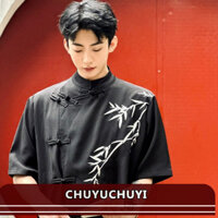 [Hấp DẪN] Áo sơ mi nam mới phiên bản Hàn Quốc cổ điển cổ điển Áo thun cài nút phong cách Trung Quốc với thiết kế thêu tre, áo nửa tay thời trang cặp đôi phong cách Trung Quốc