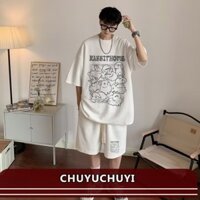[Hấp DẪN] Bộ nam mới thiết kế in hình thỏ bánh quế thời trang đường phố cổ điển kiểu Mỹ, áo thun dáng rộng thể thao, quần short chân thẳng thời trang dành cho cặp đôi