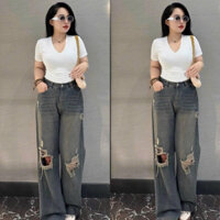 HAP (S-2XL) P1234 Jeans Suông Rách Tông Màu Trầm Fom Rộng Dài 103cm