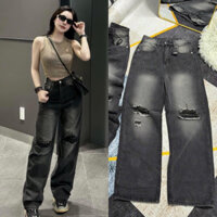 HAP (S-2XL) P9933 Jeans Suông Màu Đen pha rách dài 103cm