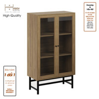 Happy Home Furniture CATY , Kệ sách 3 tầng cửa kính - chân sắt ,  80cm x 39cm x 140cm DxRxC, KSA023 - Vân Gỗ Nhạt MDF Chống Ẩm