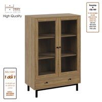 Happy Home Furniture CATY , Kệ sách 3 tầng cửa kính 1 ngăn kéo - chân sắt ,  80cm x 39cm x 120cm DxRxC, KSA022 - Vân Gỗ Nhạt MDF Chống Ẩm