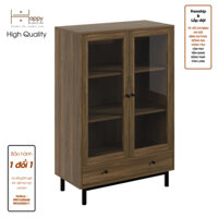 Happy Home Furniture CATY , Kệ sách 3 tầng cửa kính 1 ngăn kéo - chân sắt ,  80cm x 39cm x 120cm DxRxC, KSA022 - Vân Gỗ Đậm MDF Tiêu Chuẩn