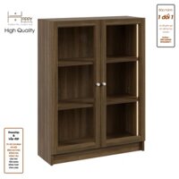 Happy Home Furniture CATY, kệ sách 3 tầng cửa kính tích hợp đèn LED, 80cm x 28cm x 106cm DxRxC, KSA012LED - Vân Gỗ Đậm MDF Chống Ẩm