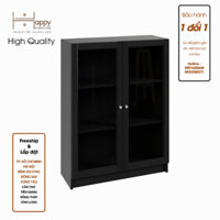 Happy Home Furniture CATY, kệ sách 3 tầng cửa kính,  80cm x 28cm x 106cm DxRxC, KSA012 - Vân Gỗ Đậm MDF Chống Ẩm