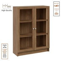 Happy Home Furniture CATY, kệ sách 3 tầng cửa kính tích hợp đèn LED, 80cm x 28cm x 106cm DxRxC, KSA012LED - Vân Gỗ Nhạt MDF Chống Ẩm
