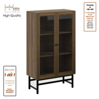 Happy Home Furniture CATY , Kệ sách 3 tầng cửa kính - chân sắt ,  80cm x 39cm x 140cm DxRxC, KSA023 - Vân Gỗ Đậm MDF Chống Ẩm