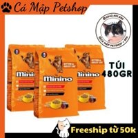 Hạt cho mèo Minino vị Cá ngừ, Hạt cho mèo từ 2 tháng tuổi trở lên túi 480gr