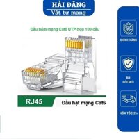 Hạt mạng Cat6 UTP RJ45 AMP Chân vàng (túi 100 đầu) 01 mảnh  được thiết kế chân sole 02 hàng giúp cho bấm mọi loại cáp