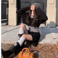 [HC02-HẾT HÀNG] Set áo ba lỗ len gân croptop kèm áo len dài tay phối bo chun cổ thuyền phong cách Uzzlang Hàn Quốc