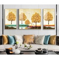 [HCM] Bộ tranh 3 tấm hiện đại Cây tài lộc trang trí phòng khách chất liệu bóng kiếng hoặc kim sa Tipo_0375