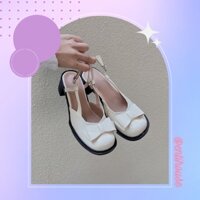 {HCM / CÓ SẴN} GIÀY CAO GÓT BÚP BÊ NỮ BÍT MŨI HỞ GÓT MÀU TRẮNG ĐẾ ĐEN PHỐI QUAI NƠ XINH XẮN CAO CẤP