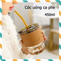 [HCM] Cốc uống cà phê bình nước thuỷ tinh dung tích 450ml có nắp đậy tiện lợi