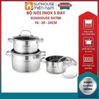 (HCM Giao 2H) Bộ nồi inox 5 đáy SH780 SUNHOUSE vung kính cường lực quai núm inox chắc chắn kiểu dáng sang trọng