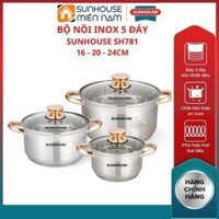 (HCM Giao 2H) Bộ nồi inox 5 đáy SH781 SUNHOUSE đáy từ size 16 20 24cm vung nồi nắp kính sang trọng chịu lực tốt