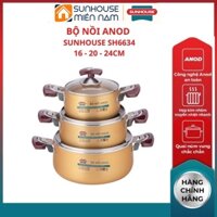 (HCM Giao 2H) Bộ nồi nhôm anod SH6634 SUNHOUSE kiểu dáng trang nhã chống dính tránh bám bẩn dễ vệ sinh khi sử dụng