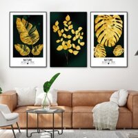 HCM Tranh treo tường canvas lá dát vàng decor trang trí phòng khách và phòng ngủ có khung cao cấp bộ 3 bức khổ lớn 40x60