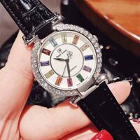 [HCM]Đồng hồ nữ dây da RoyaI Crown mặt đính đá 7 màu- vỏ Trắng (Silver) dây da màu Đen (Black) size 36 mm-RC07014 Đồng hồ nữ cao cấp chống nước