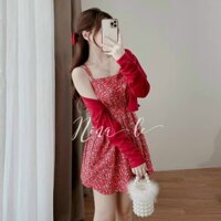 [HCM][Freeship Maxx 0đ] SET ĐẦM HOA ĐỎ HAI DÂY XÒE KÈM ÁO KHOÁC LEN SIÊU XINH