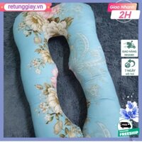 [HCM]Gối Ôm Bà Bầu Hình Chữ U Có Ruột Bông,vải mềm mịn,bông trắng-mẫu hoa trà xanh