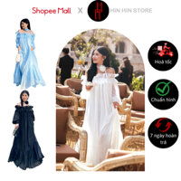 HDC118 Hỉn Hỉn Store Đầm maxi suông trễ vai viền bèo tay dài, màu trắng - đen - xanh dương, váy voan freesize