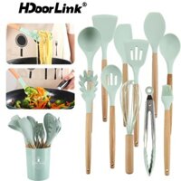 Hdoorlink 12 CÁI Bộ dụng cụ nhà bếp bằng silicon Bộ dụng cụ nấu ăn chống dính cho nhà bếp Tay cầm bằng gỗ Dụng cụ nấu ăn Bộ dụng cụ nhà bếp