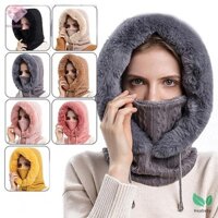 Heabety Mùa Đông Lông Mũ Mặt nạ Có Mũ Trùm Đầu Cho Nữ Dệt Kim Cashmere Cổ Ấm Áp Nga Trượt Tuyết Ngoài Trời Mũ Chống Gió Dày Sang Trọng Lông Tơ Beanies Mới