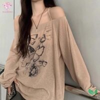 Heabety Mỹ Retro Bướm In Off-shoulder Áo Thun Dài Tay Rời Thường Ngày Cho Nữ Mới
