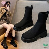 Heabety Nữ Co Giãn Đan Giày Tròn Ngón Chân Khối Giày Cao Gót Tất Giày Nền Tảng Giữa Gót Đan Giày Lug Đế Chống Trơn Trượt Tất Booties Mới