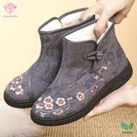 Heabety Nữ Với Nhân Tạo Sang Trọng Giày Bốt Tuyết Ấm Áp Giày Cotton Dày Thêu Thu Đông Xuân Booties Thoải Mái Mới