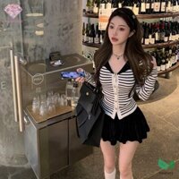 Heabety Thủy Thủ Cổ Sọc Cardigan Nữ Nút Kim Loại Áo Len Có Vú Đơn Mới