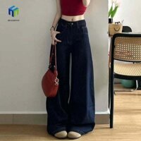 Healmeyou Quần jean ống rộng màu xanh đậm, Quần dạo phố dáng rộng Quần Denim thẳng, Quần jean nữ ống rộng thẳng Hàn Quốc Ins Quần cao bồi nữ màu xanh đậm cho nữ bé gái