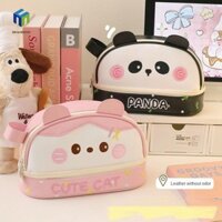 Healmeyou Túi đựng bút mèo con, Túi đựng bút chì PU dễ thương PU dung tích lớn, Túi trang điểm chống nước hình gấu trúc hoạt hình Quà tặng trẻ em
