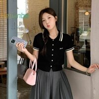 [Hejianbo] Áo thun nữ cổ bẻ nút tay ngắn phong cách Preppy sang trọng [MỚI]