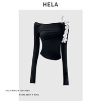 HELA Áo trễ vai ôm body dài tay tôn dáng, áo xinh thu đông