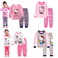 Hello kitty Bộ Đồ Ngủ 2 Món Áo Tay Dài Cổ Tròn In Hình Mèo kitty Dễ Thương Cho Bé Gái
