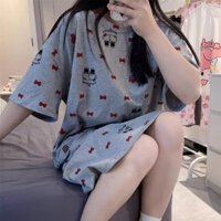 Hello kitty Váy Ngủ Nữ Mùa Hè Tay Ngắn Rời Hoạt Hình Cổ Tròn Trung Dài Học Sinh